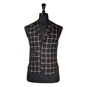 Mens Waistcoat Suit Lapel Vest 40R Black Beige Plaid Check Wool Formal Wedding